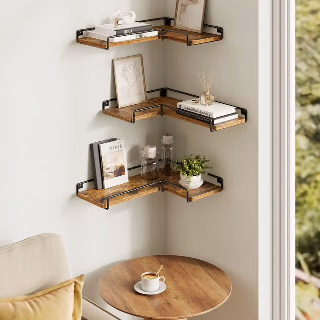 VASAGLE 3 Pack L-Shaped Corner Floating Wall Mount Shelves, Orange and Brown Rustic Wood and Metal Design