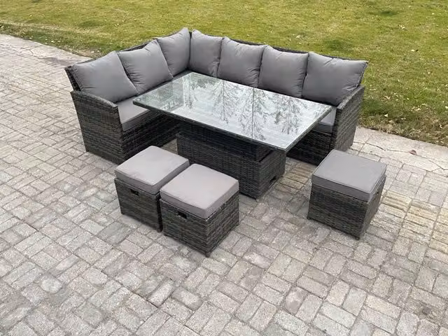Fimous Dark Grey Wicker PE Rattan Garden Furniture Set with Height Adjustable Rising Lifting Table and 3 Small Footstools