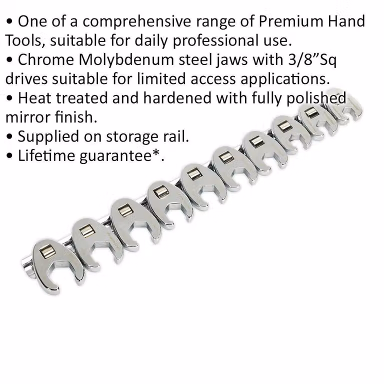 Loops 10 Pack Crows Foot Spanner Set with 3/8 inch Square Drive Metric Ratchet Handle Adapter in Silver and Multicolour Chrome Molybdenum Steel