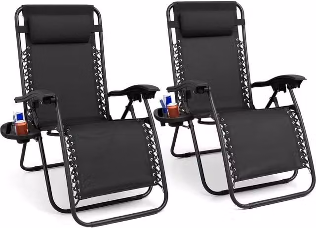 NESTLUNE Pair of Black Zero Gravity Chairs with Cup Holders and Adjustable Headrests