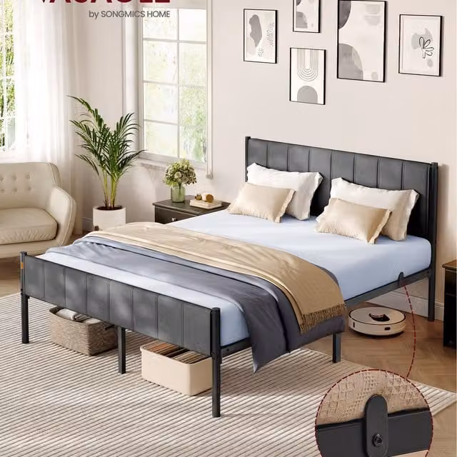 VASAGLE King Bed Frame with Upholstered Headboard in Grey, W: 151.5 cm, H: 104 cm, D: 207 cm