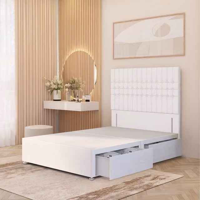 Somnior Beds Ltd Lexington Small Double Divan Bed Base with 54 inch Floor Standing Headboard in White Plush Velvet with Drawers W/D/H: 120 x 200 cm