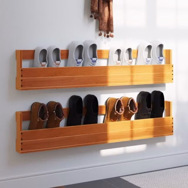 Berkfield Home Set of 2 Wall-mounted Shoe Racks in Wax Brown Solid Pine Wood, W/D/H: 110 x 8.5 x 23.5 cm – 1