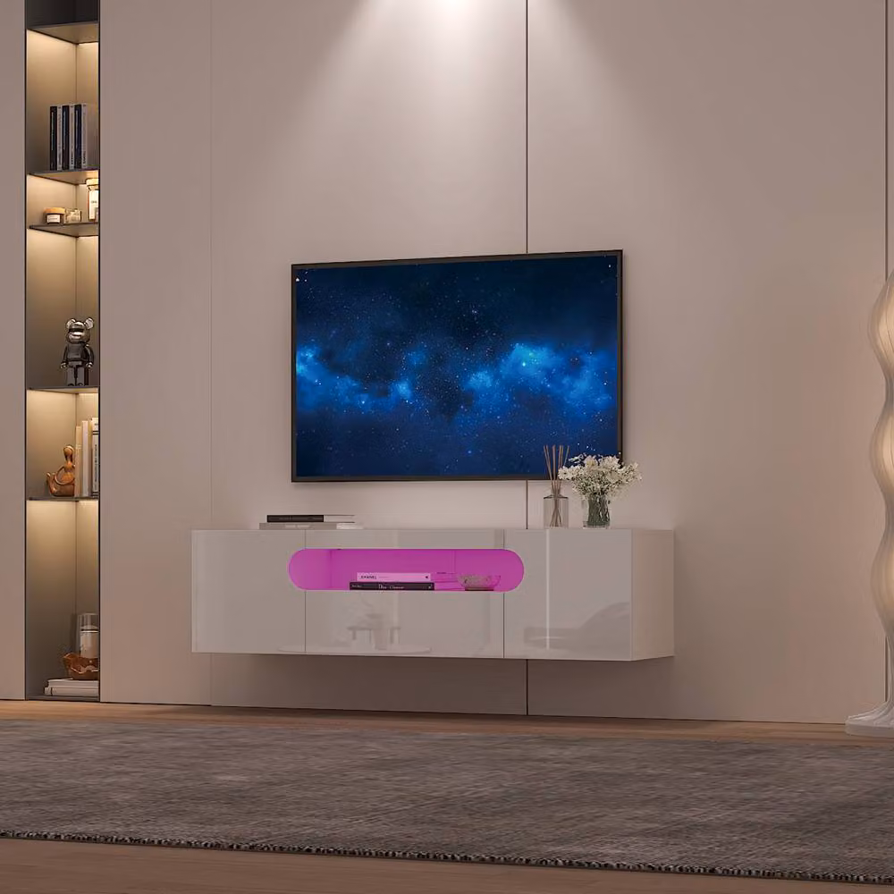 KEEPREAPER Sleek Floating TV Stand with LED Light and Storage Cabinet in White – 4