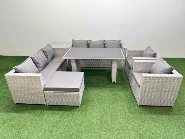 Fimous 9 Seater Outdoor Dining Set with 3 Seater Sofa, Side Table and Stool in Light Grey