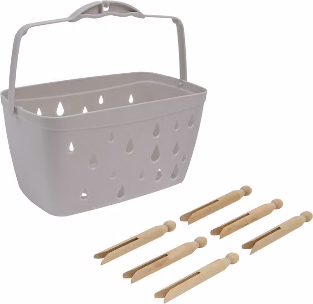 JVL Plastic Peg Basket with 48 Wooden Dolly Pegs in Assorted Purple and Grey