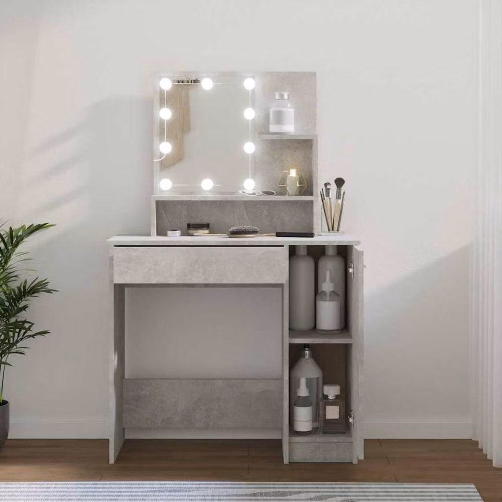 Berkfield Home White and Concrete Grey Dressing Table with Hollywood LED Mirror, W: 86.5 cm, D: 35 cm, H: 136 cm – 2