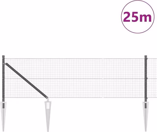 Berkfield Home Modern Welded Wire Fence with 13 Spike Posts, Grey Steel, W: 0.6 m, L: 25 m