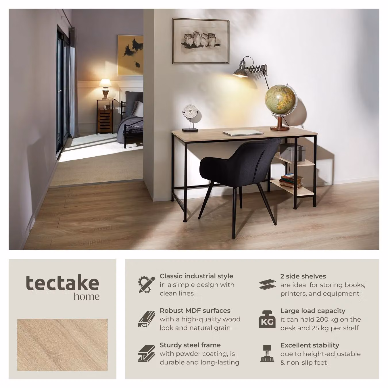 tectake Computer Desk with Side Storage Shelves in Oak and Black, W/D/H: 140 x 60 x 76.5 cm – 3