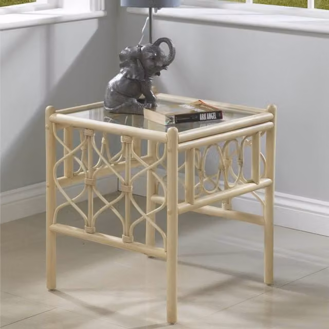 Morley Cane Side Table in Natural Wash and Ivory with Rattan and Glass Top