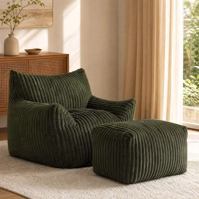 STILVORA Green Corduroy Bean Bag Chair with Footrest and Armrests