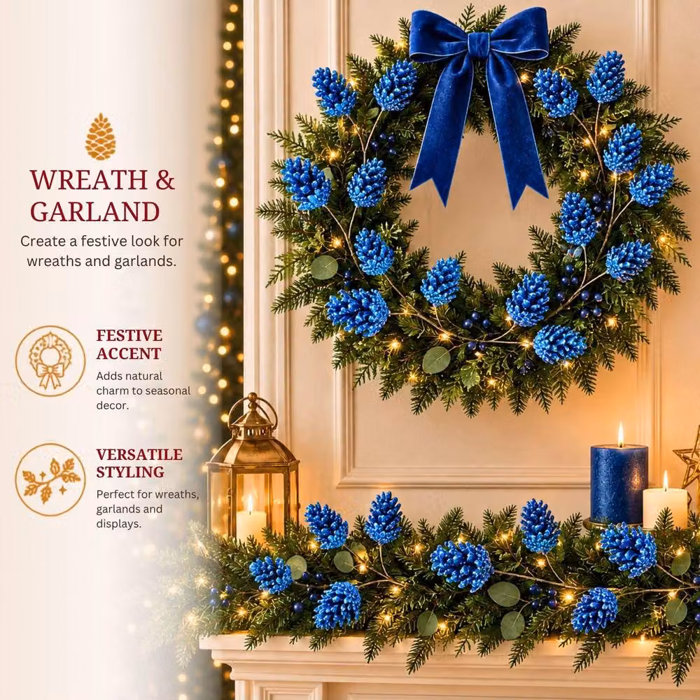 Shatchi Glitter Dark Blue Pine Cone Christmas Picks, 6 Pack, Height: 58 cm – 9