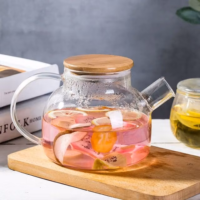 Livingandhome Heat-Resistant Glass Teapot with Bamboo Lid, Transparent, 20 cm