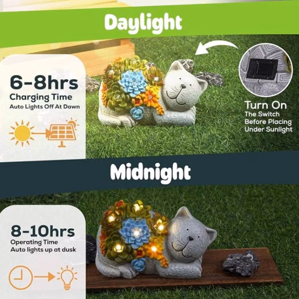 EONLION Garden Cat Stone Statue with LED Lights in Grey and Multicolour – 3