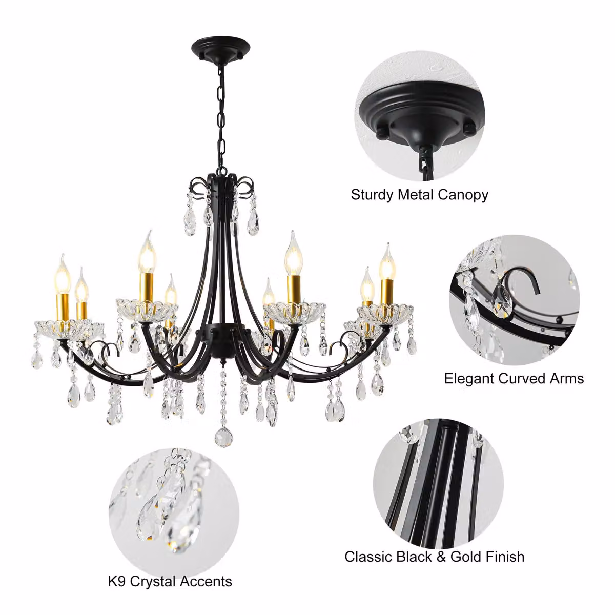 Garwarm 8-Light Crystal Dimmable Classic Chandelier in Black and Gold/Brass with Transparent Crystals – 4