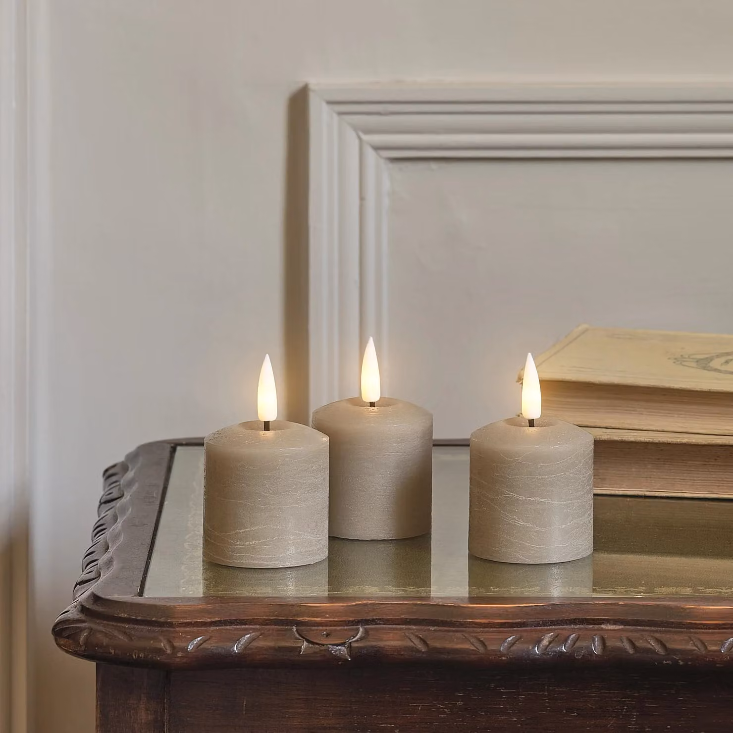 TruGlow® Beige Distressed Wax LED Votive Candle Trio with Remote Control and Flicker Effect