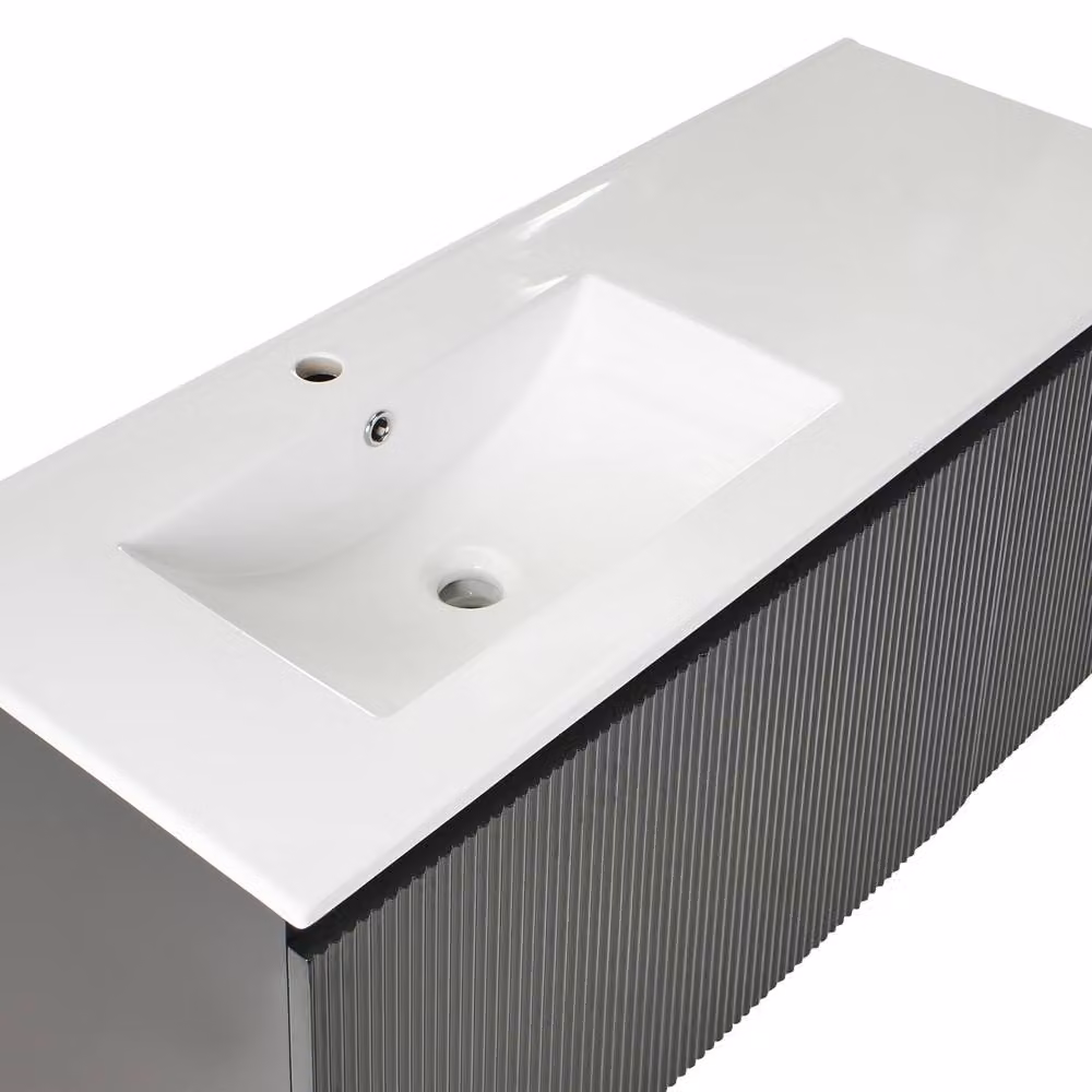 Wyld and Coco Wall-Mounted Vanity Unit with Ceramic Basin, Black Fluted Front, Width: 120 cm – 5