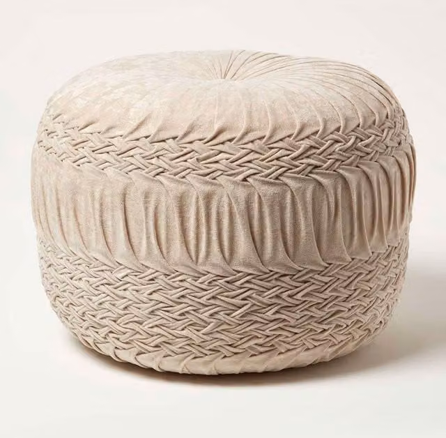 Homescapes Sofia Pleated Velvet Pouffe in Beige