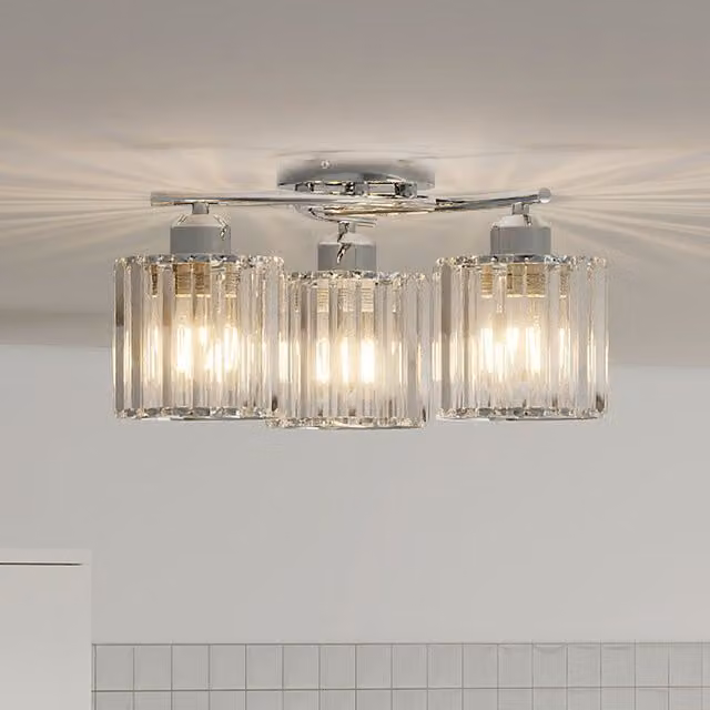 Emitto Modern Crystal Semi Flush Ceiling Light in Grey and Chrome with 3 x E27 Bulbs