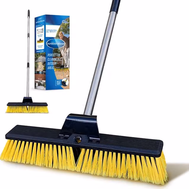 The Dustpan and Brush Store Heavy Duty 18 inch Yellow Yard Broom with Telescopic Stainless Steel Metal Handle