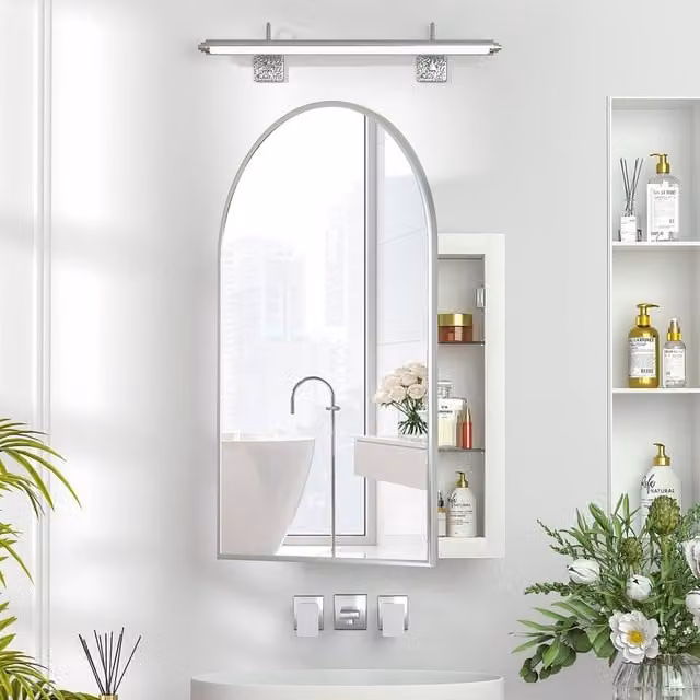 KEEPREAPER Arched Bathroom Mirror Cabinet in Silver, Wall Mounted with Internal Shelves, W: 50 cm, H: 76 cm – 1
