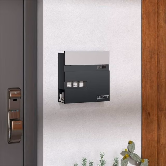 Kelvenix Wall Mounted Stainless Steel Letterbox in Grey, W/D/H: 37.0 x 37.0 x 10.5 cm