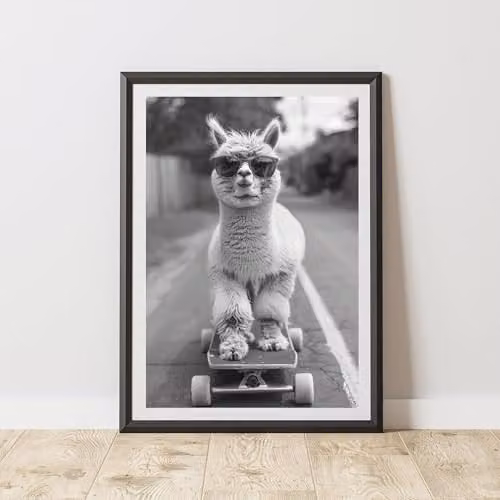 60 Second Makeover Highland Alpaca Skateboarding Illustration Paper Poster, A4