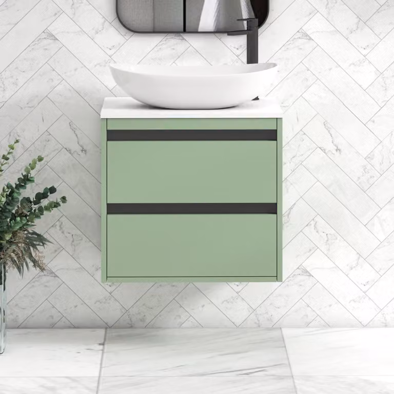 Royal Bathrooms Orion 600mm Mint Sage Wall Hung 2 Drawer Vanity Unit with Cesar Basin and Black Accent Trim