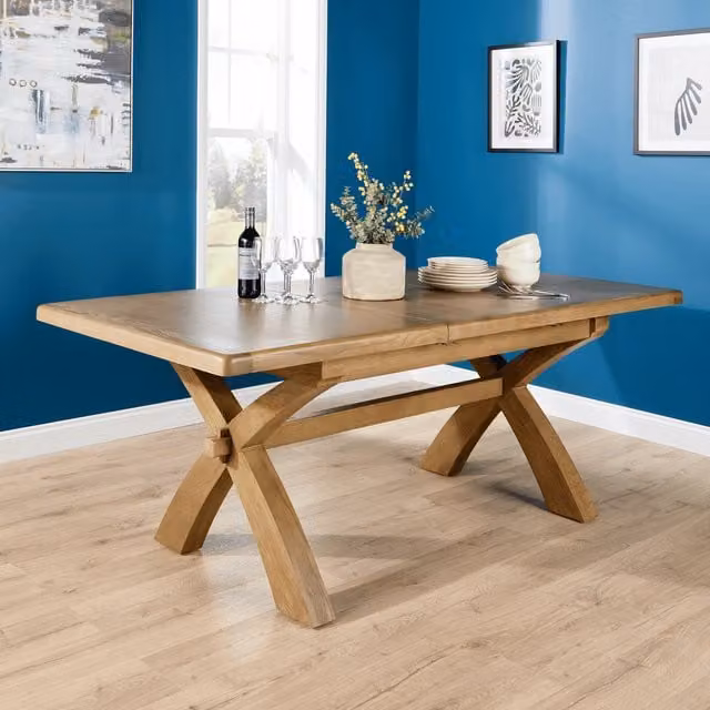 Home Source Bentley Extendable Rectangular Oak Dining Table with X-Frame Base in Brown
