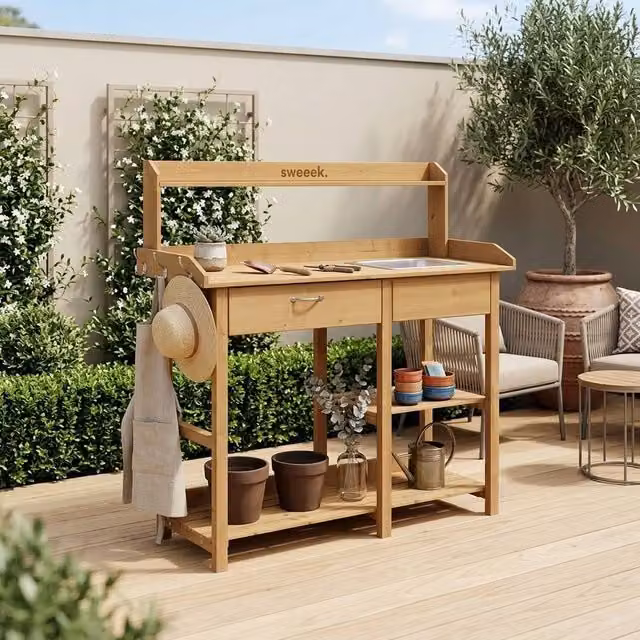 sweeek Wooden Potting Table in Light Brown, W/D/H: 121 x 45 x 117 cm