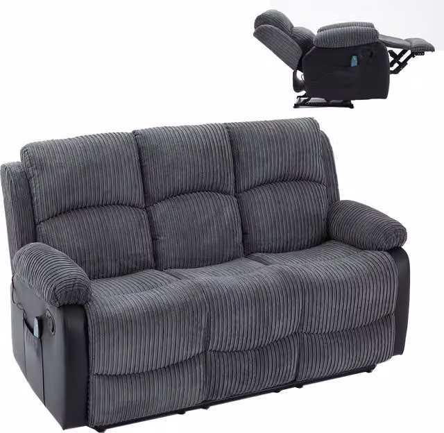 Furniture One Grey Corduroy 3 Piece Reclining Sofa Suite with Motorised Seats