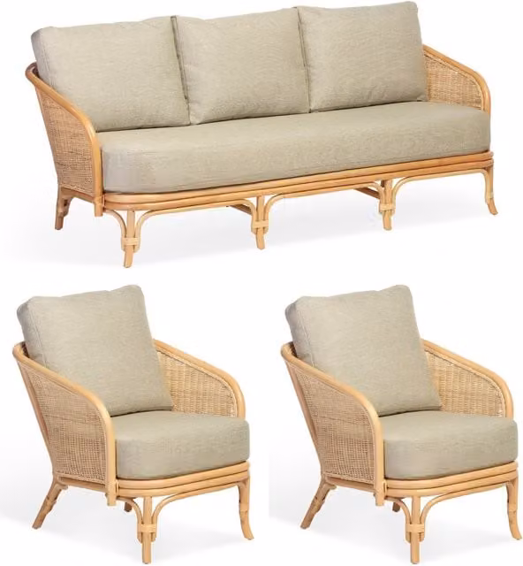 Desser Royal 3 Seater Upholstered Suite in Green and Beige Fabric with Rattan Details and Scatter Cushions