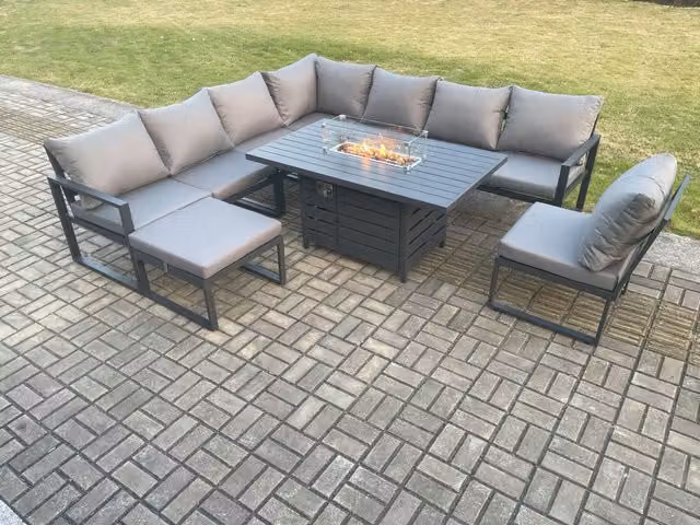 Fimous Aluminium Outdoor Garden Furniture Set with Gas Fire Pit Dining Table, Corner Sofa and Footstool in Dark Grey