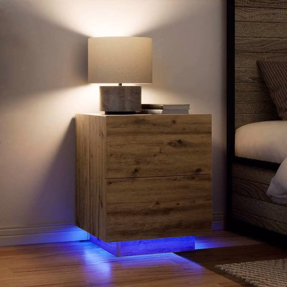 Berkfield Home Artisan Oak Bedside Cabinet with Integrated LED Lights, Brown, W: 45 cm, D: 40 cm, H: 55 cm – 3