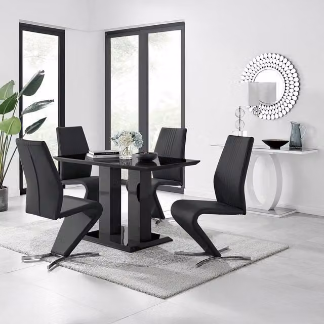 FurnitureboxUK Imperia 4 Modern Black High Gloss Rectangular Dining Table and 4 Luxury Willow Chairs Set