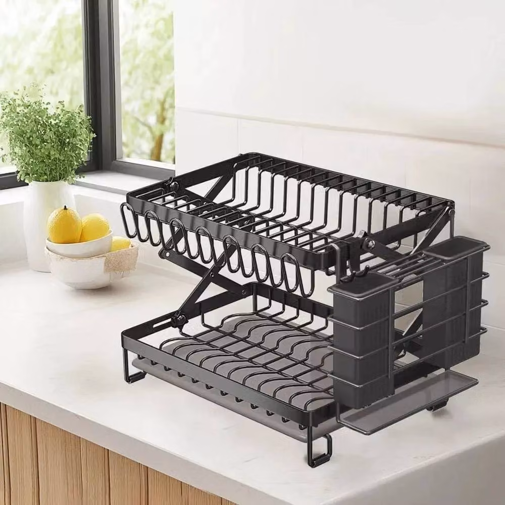VOGREX 2-Tier Black Coated Steel Dish Drying Rack with Drip Tray, Cutlery Holder and Cup Holder – 2