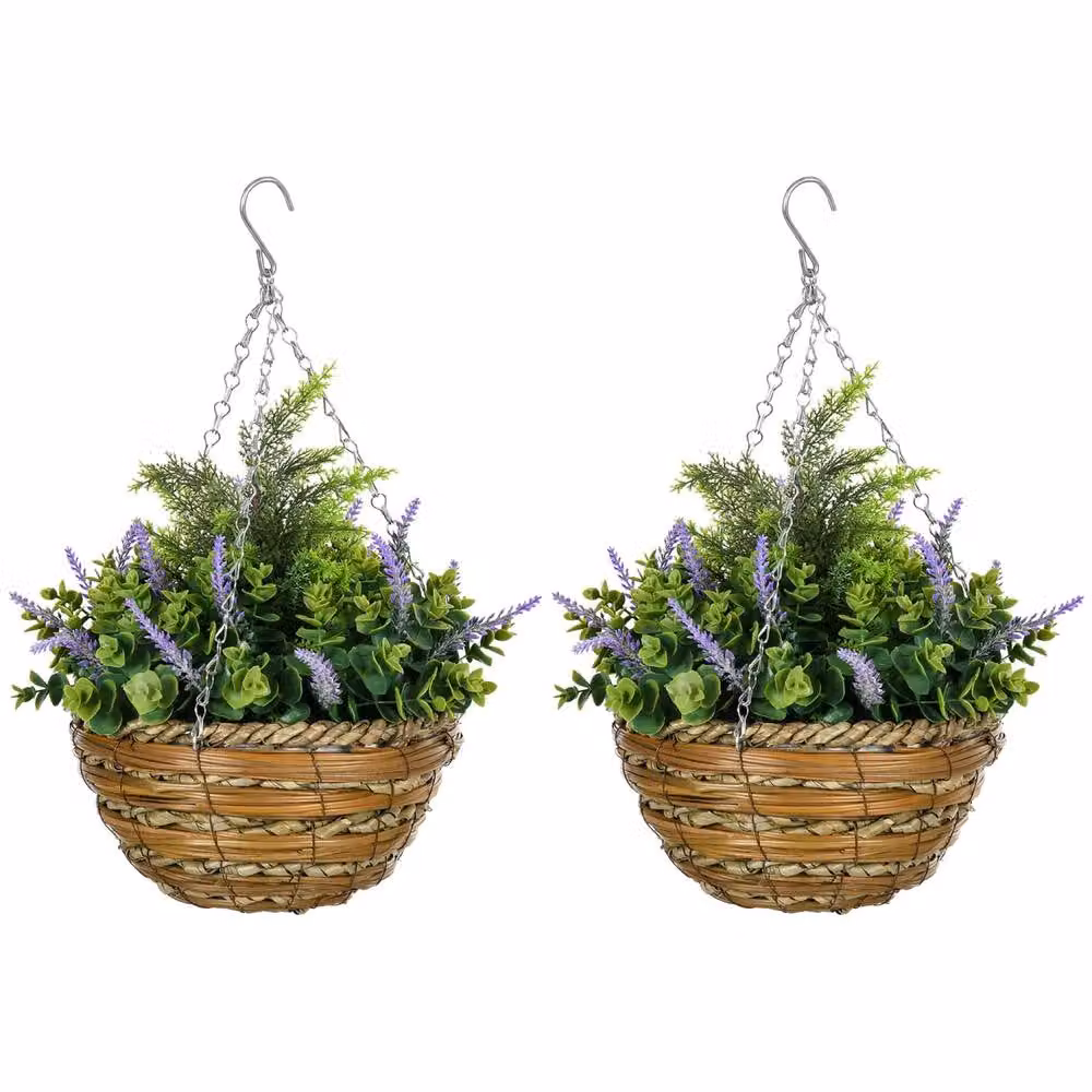 Wyld Haus Set of 2 Hanging Artificial Lavender Flower Pots in Purple and Green with Rattan Detail – 2