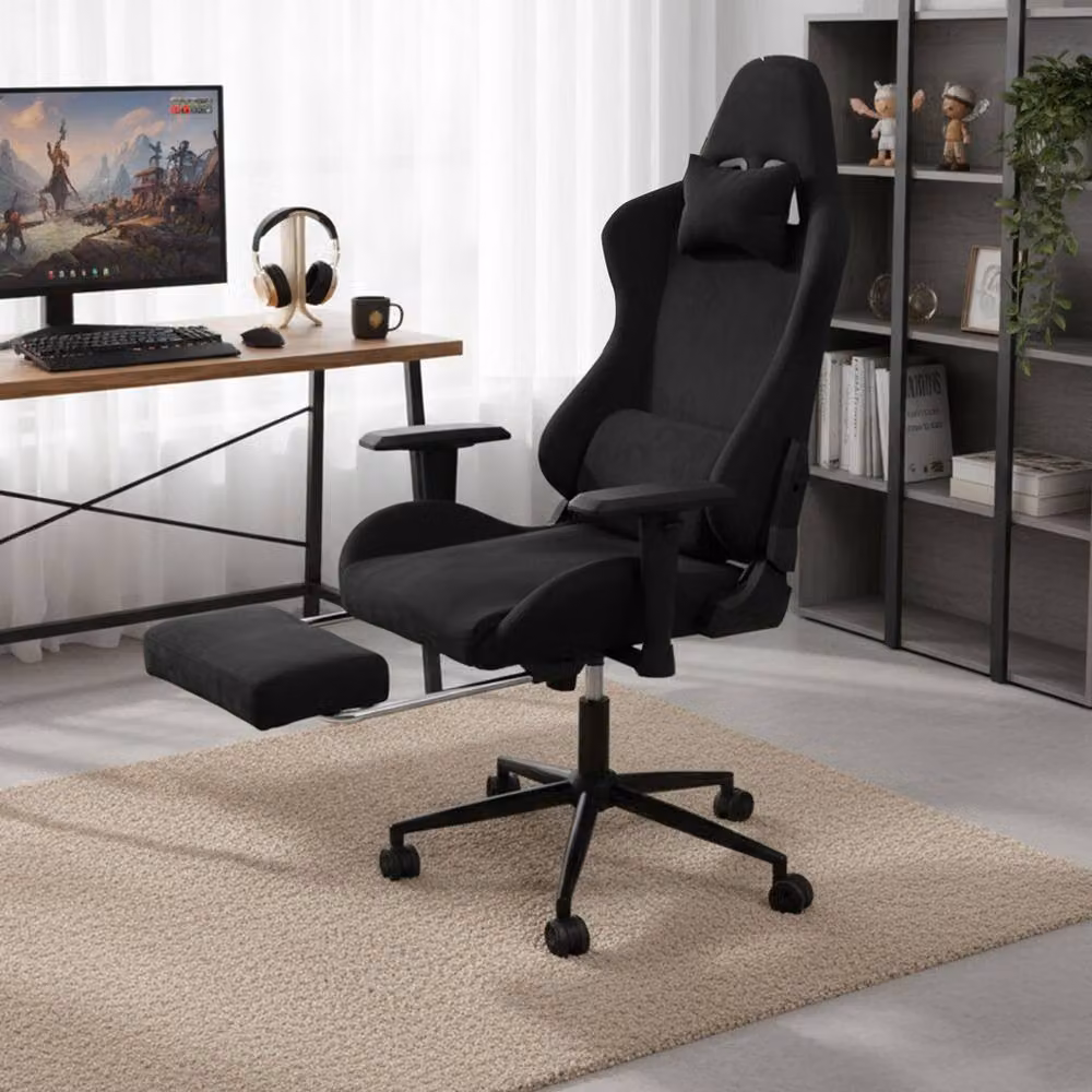 Levede Ergonomic Gaming Chair with Footrest, Reclining Black Microfibre High Back Office Chair with Lumbar Support and Headrest for Adults – 2