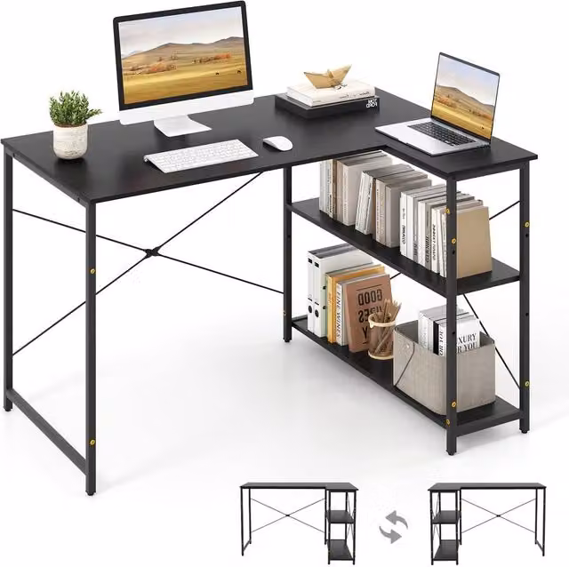 Gymax Reversible L-shaped Corner Computer Desk with Adjustable Shelf in Black