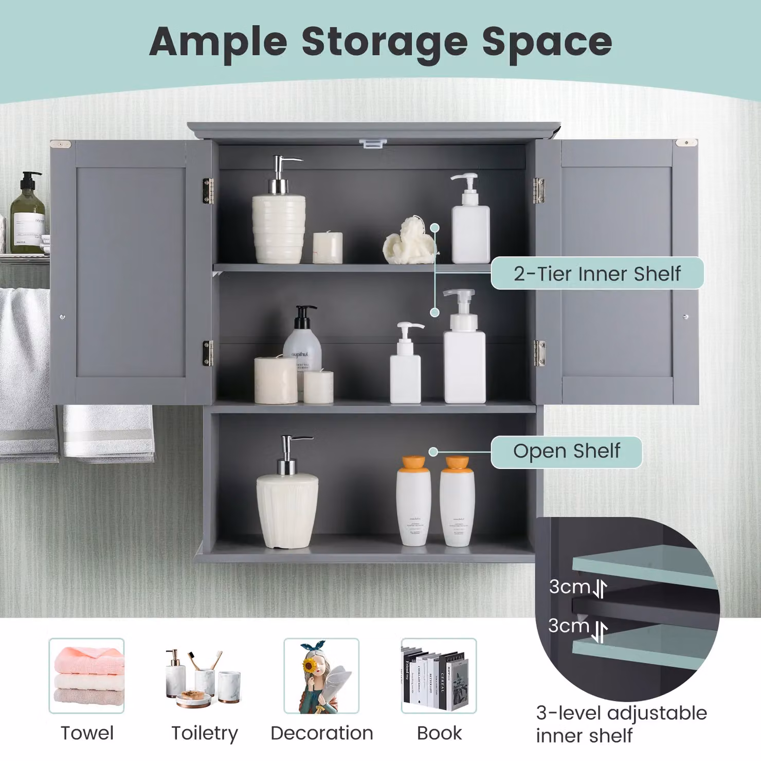 Costway Grey Wall Mounted Bathroom Storage Cabinet with Internal Shelves and Hinged Doors – 5