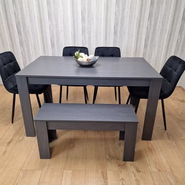Kosy Koala Modern Rectangular Dining Set with Dark Grey Table, 4 Black Velvet Tufted Chairs and 1 Bench