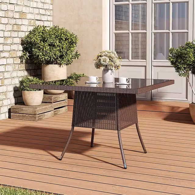 Livingandhome Modern Rattan Garden Coffee Table with Glass and Metal in Brown