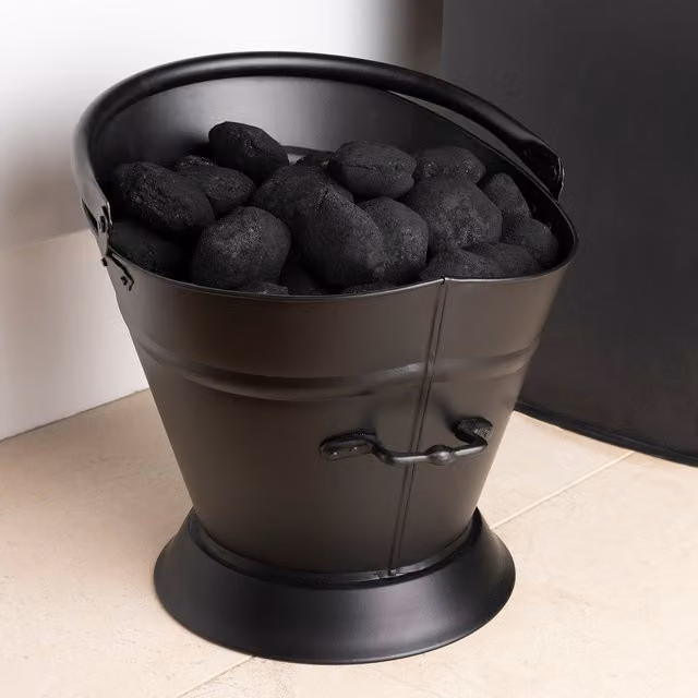 Charles Bentley Iron Coal Bucket with Carry Handle and Support Handle in Black Matte Finish