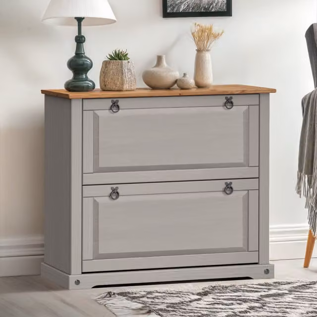 Mercers Furniture Corona Rustic Pine Shoe Rack Chest in Grey Waxed Finish W/D/H: 85 x 32 x 99 cm