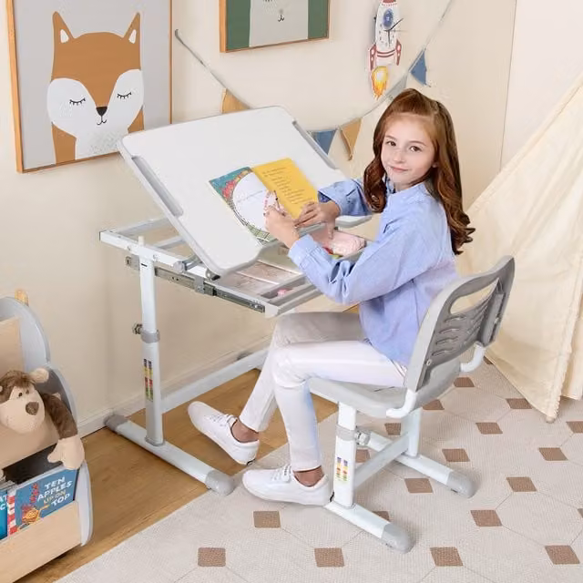 Costway Modern Grey Kids Desk and Height Adjustable Office Chair Set