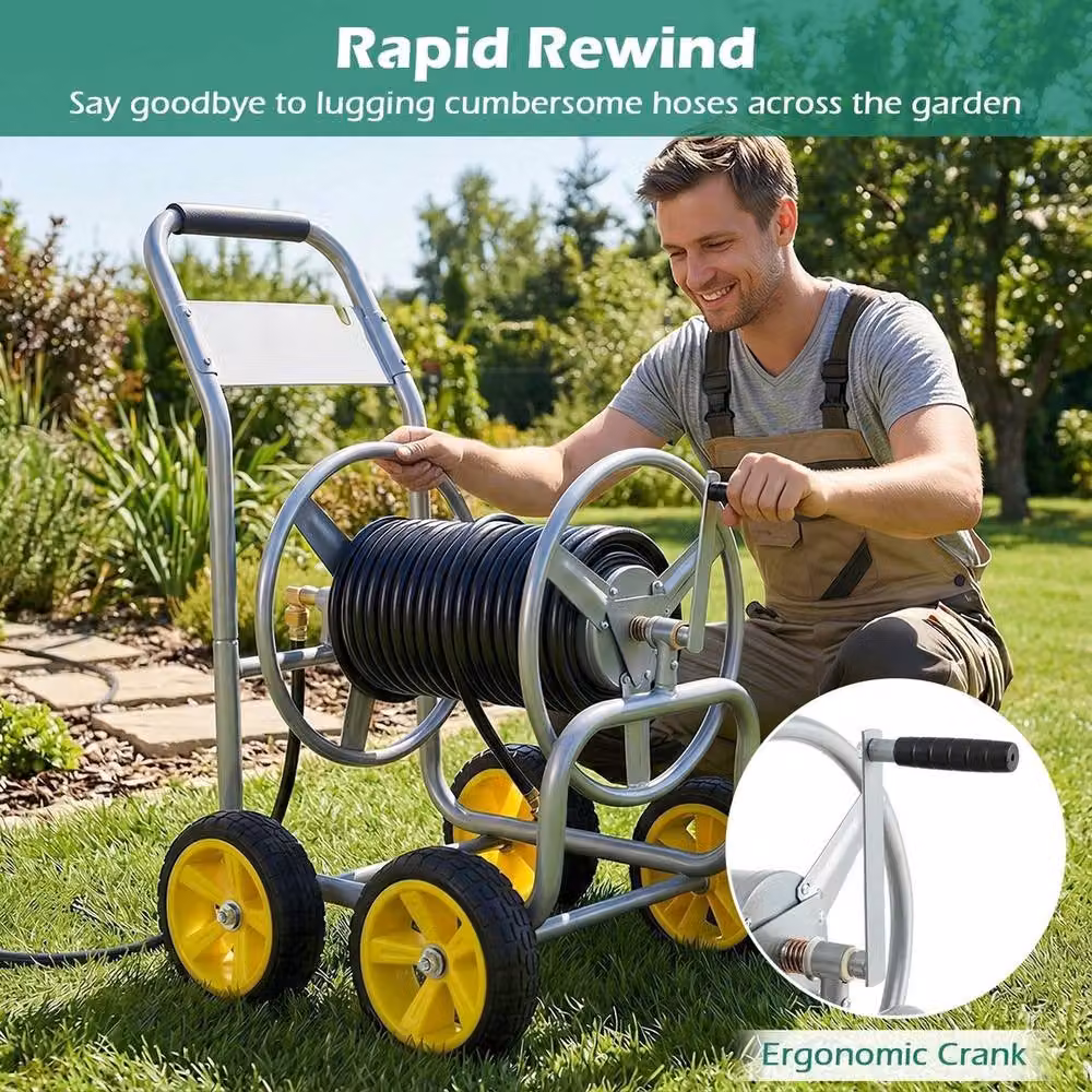 NESTLUNE Silver 4-Wheel Freestanding Garden Hose Reel Cart for 100 m Hoses – 5