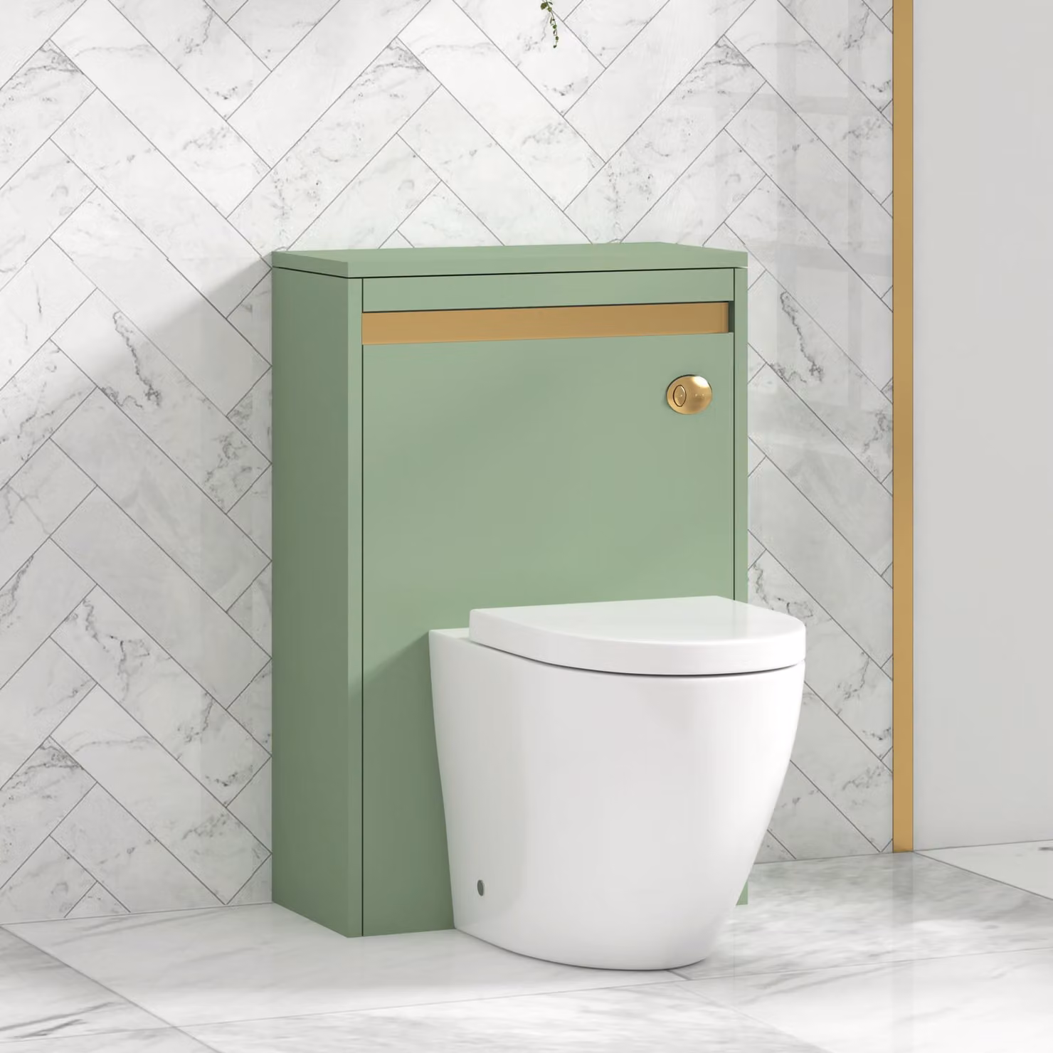 Royal Bathrooms Orion Mint Sage Wall Mounted WC Unit with Elva Rimless Toilet Pan, Seat and Cistern, Brushed Brass Trim, Width: 54 cm