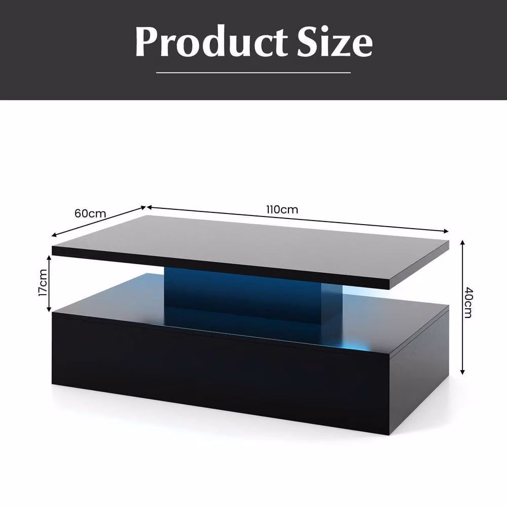 Costway Modern 2-Tier Rectangular Coffee Table with LED Light and Glass Panel in Black – 2