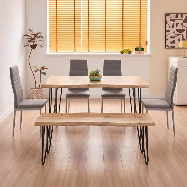 Kosy Koala Modern Dining Table Set with Bench and 4 Grey Faux Leather Chairs in Brown