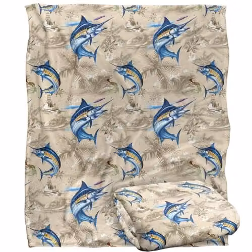 JQ Licensing Marlin Tiki Fishing Pattern Super Soft Fleece Throw Blanket, White, W/D/H: 152 x 127 cm – 1